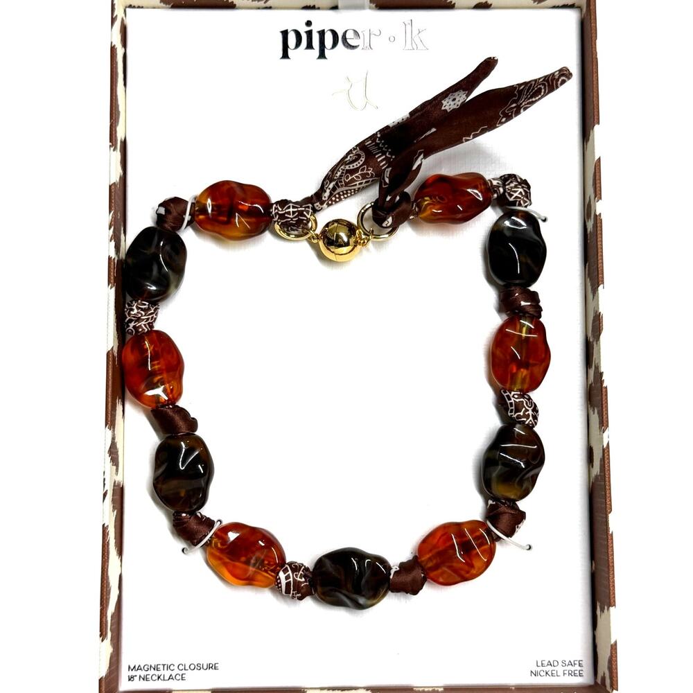 Piper K Amber & Tortoiseshell Bead Bandana Scarf Magnetic statement Necklace NIB